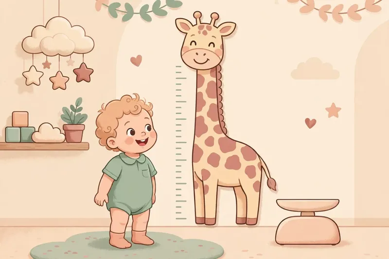 Ilustración de un bebé junto a una jirafa medidora de estatura