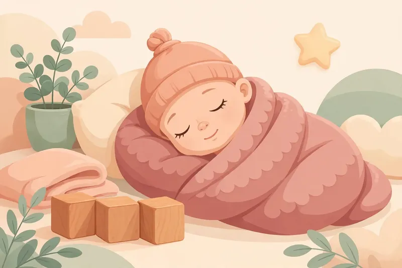 Ilustración de un bebé dormido junto a cubos de madera