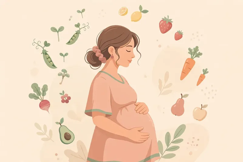 Ilustración de una mujer embarazada rodeada de frutas y verduras de distintos tamaños