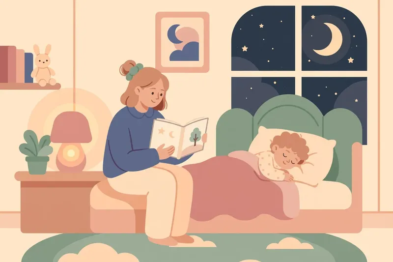 Ilustración de una mamá leyendo un cuento a su hijo antes de dormir