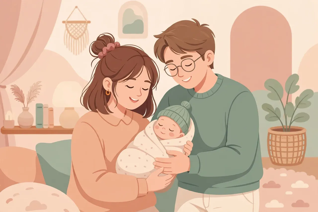 Ilustración de una mamá y un papá sosteniendo con ternura a su bebé recién nacido